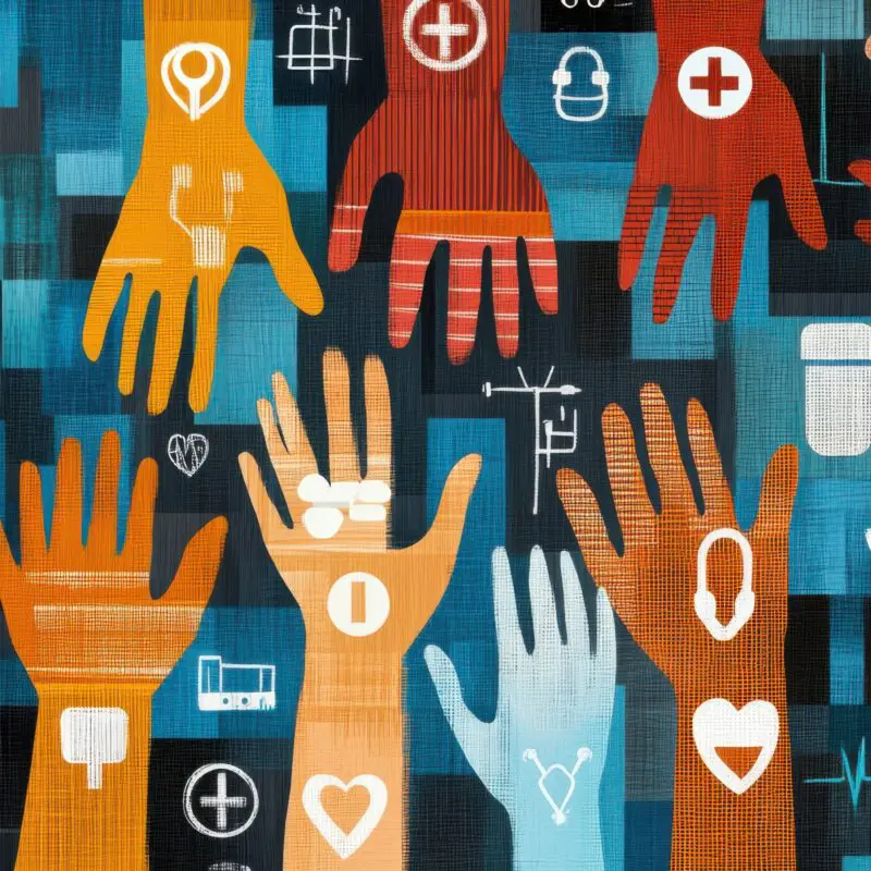 An abstract image of equity in healthcare with a mosaic of different hands holding medical symbols, symbolizing access to health services for all, minimalist composition