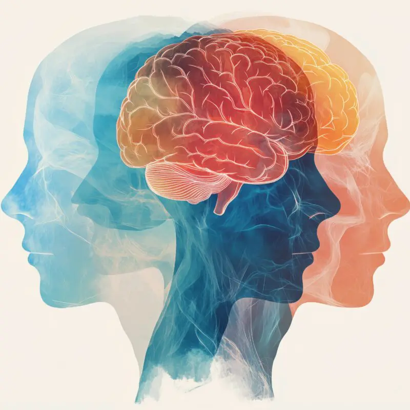 Human brain illustration showcasing cognitive processes, emotions, and mental health with overlapping silhouettes in blue and orange hues. AI generated