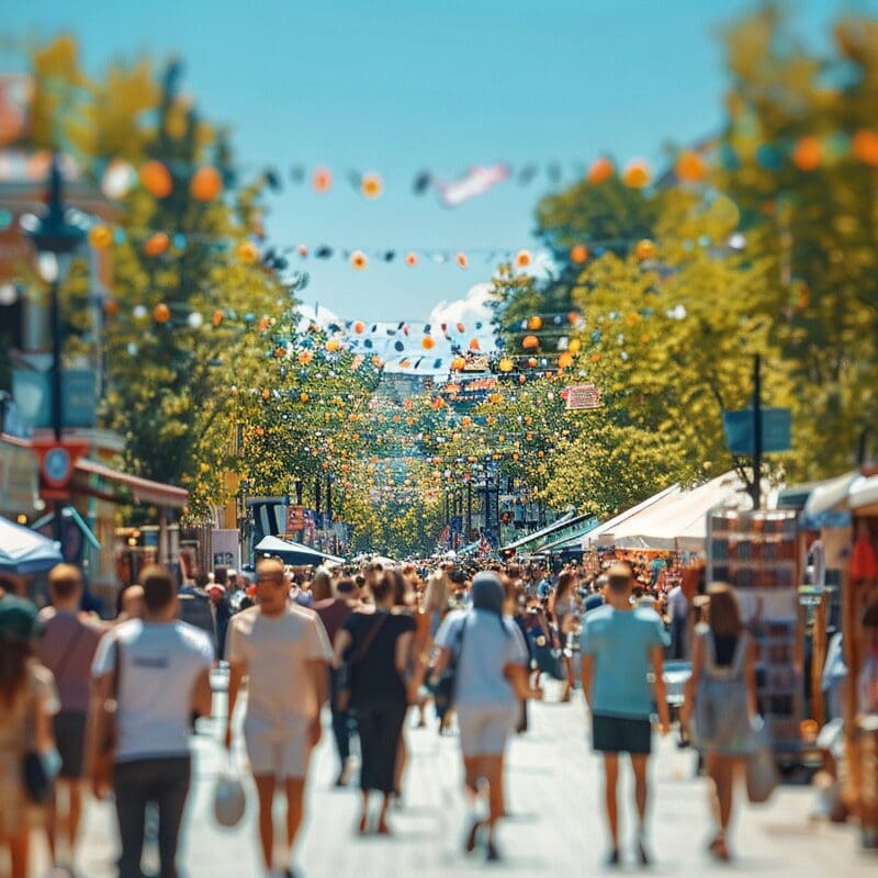 people walking through city