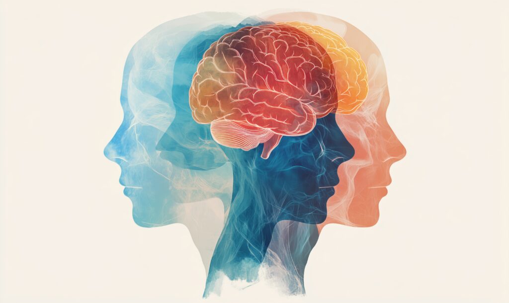 Human brain illustration showcasing cognitive processes, emotions, and mental health with overlapping silhouettes in blue and orange hues. AI generated
